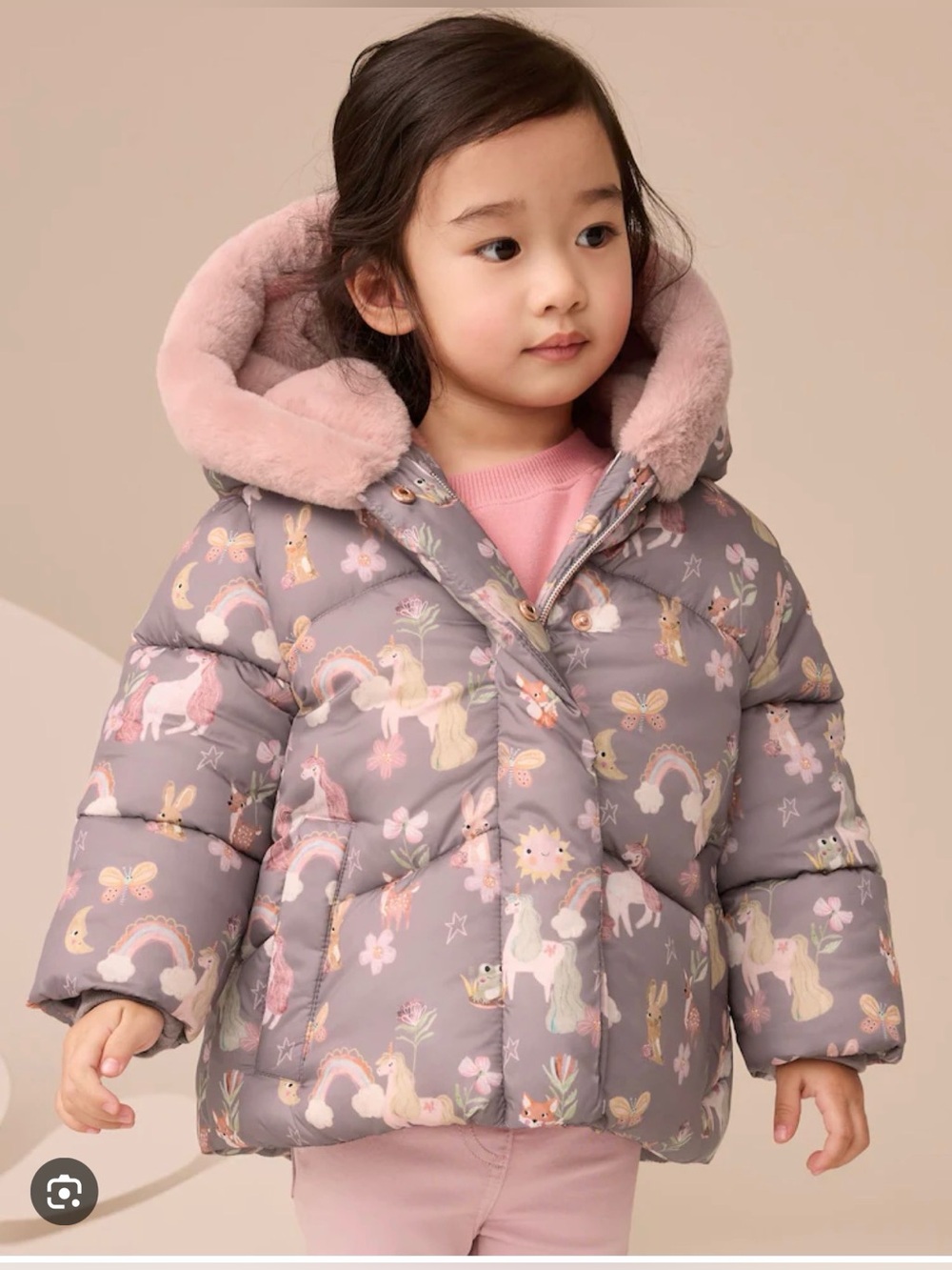 NEXT Grey Unicorn Print Puffer Jacket with Pink Faux-Fur Hood Trim